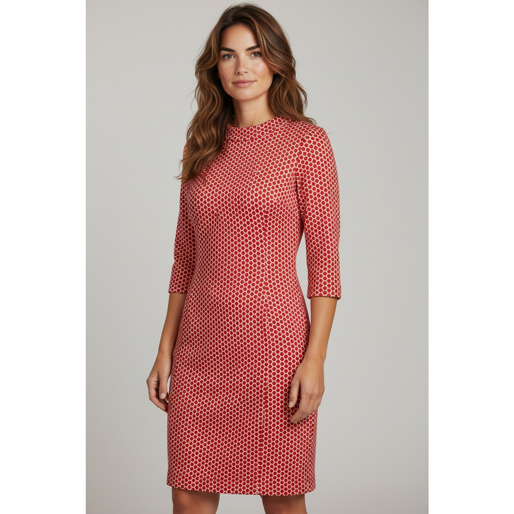 Boden Sarah Shift Dress Jacquard Red White Size 2R 3/4 Sleeves Pockets Retro Mod